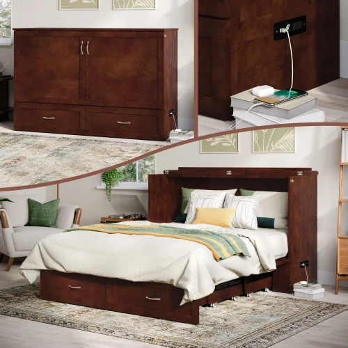 Raleigh Queen Murphy Bed Chest with Mattress in Walnut Finish Wood