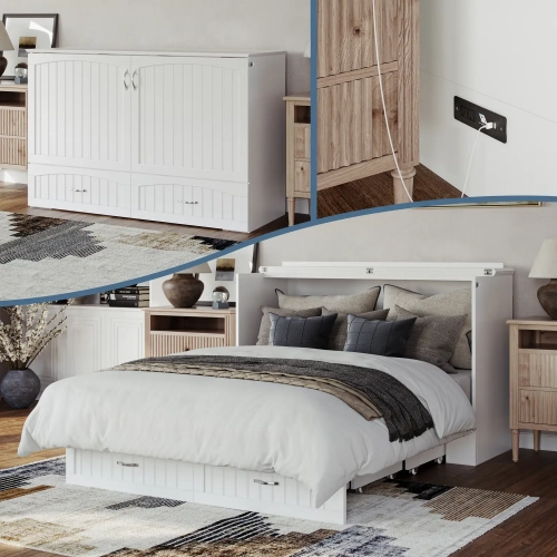 Aspen Queen Murphy Bed Chest with Mattress in White Finish Wood