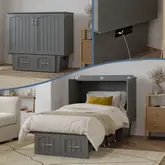 Sydney Twin Murphy Bed Chest with Storage Drawer & Charging Station in Grey Finish Wood