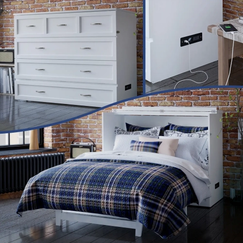 Deerfield Full Murphy Bed Chest with Charging Station in White Finish