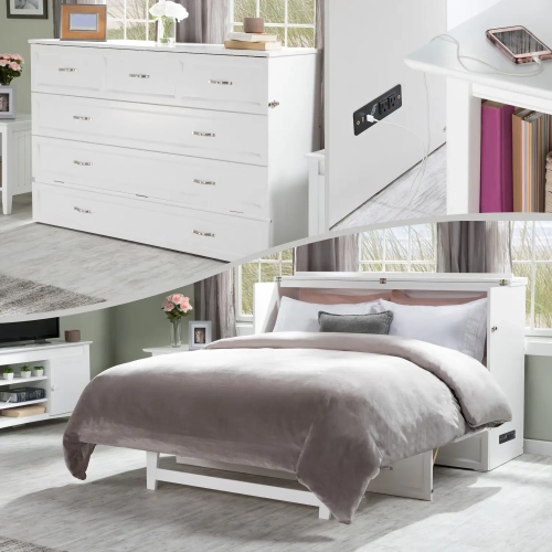 Deerfield Queen Murphy Bed Chest in White with Charging Station