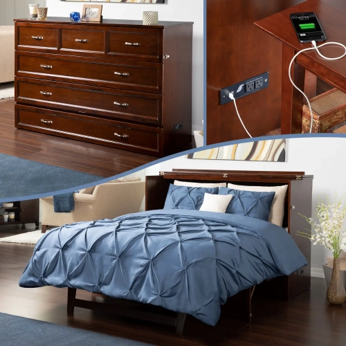 Deerfield Queen Murphy Bed Chest in Antique Walnut with Charging Station