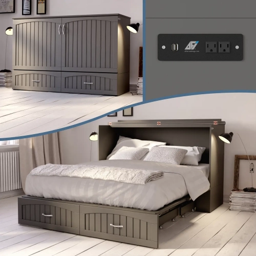 Southampton Queen Murphy Bed Chest in Grey with Charging Station