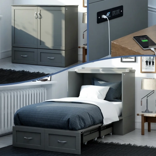 Hamilton Twin XL Murphy Bed Chest with Charging Station in Grey Finish