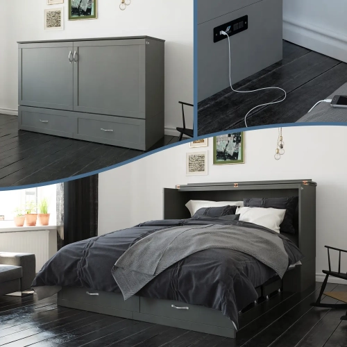 Hamilton Queen Murphy Bed Chest in Grey with Charging Station