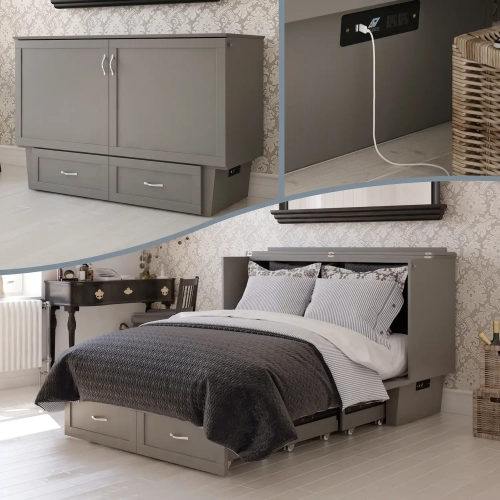 Monroe Queen Murphy Bed Chest with Charging Station & Mattress in Grey