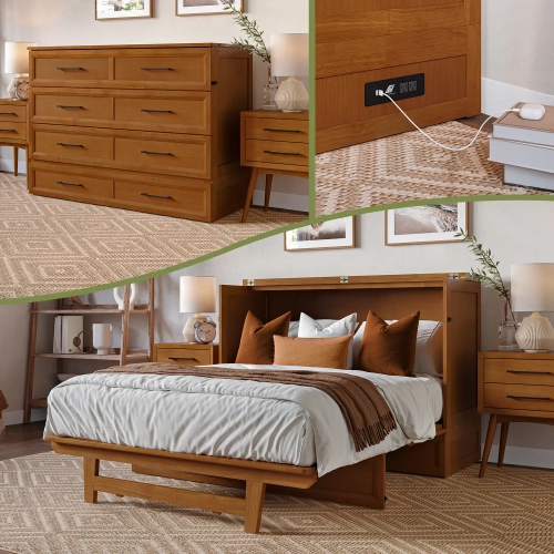 Tucson Full Murphy Bed Chest with 6" Mattress, Drawer & Built in Charger in Light Toffee Finish Wood