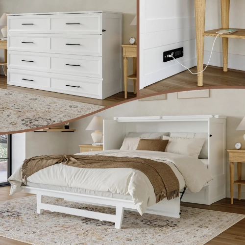 Tucson Queen Murphy Bed Chest with 6" Mattress, Drawer & Built in Charger in White Finish Wood
