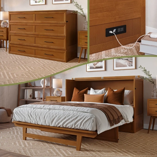 Tucson Queen Murphy Bed Chest with 6" Mattress, Drawer & Built in Charger in Light Toffee Finish