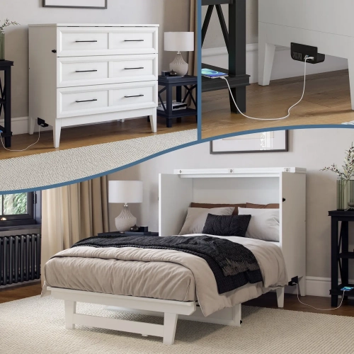 Santa Fe Twin Murphy Bed Chest with Built in Charger & Mattress in White Finish Wood