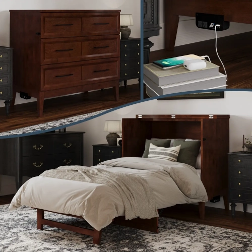 Santa Fe Twin Murphy Bed Chest with Built in Charger & Mattress in Walnut Finish Wood