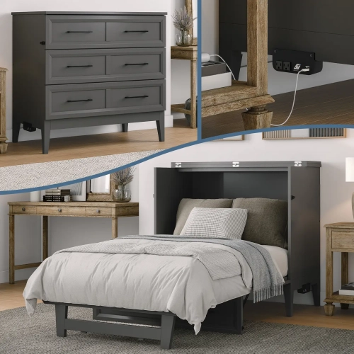 Santa Fe Twin Murphy Bed Chest with Built in Charger & Mattress in Grey Finish Wood