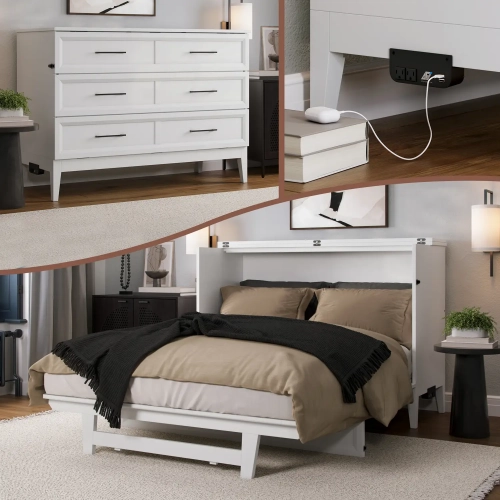 Santa Fe Full Murphy Bed Chest with Built in Charger & Mattress in White Finish Wood