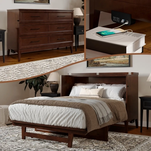 Santa Fe Full Murphy Bed Chest with Built in Charger & Mattress in Walnut Finish Wood
