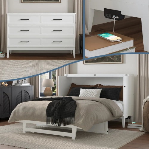 Santa Fe Queen Murphy Bed Chest with Built in Charger & Mattress in White Finish Wood