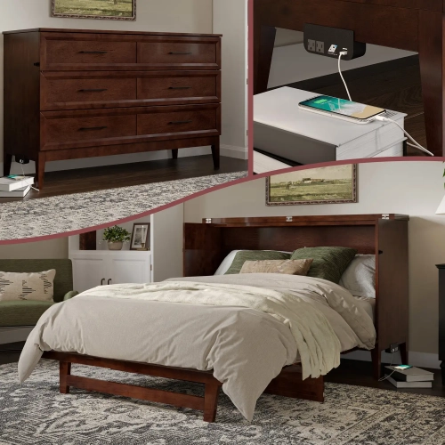 Santa Fe Queen Murphy Bed Chest with Built in Charger & Mattress in Walnut Finish Wood