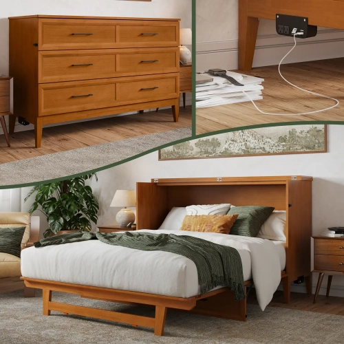 Santa Fe Queen Murphy Bed Chest with Built in Charger & Mattress in Light Toffee Finish Wood