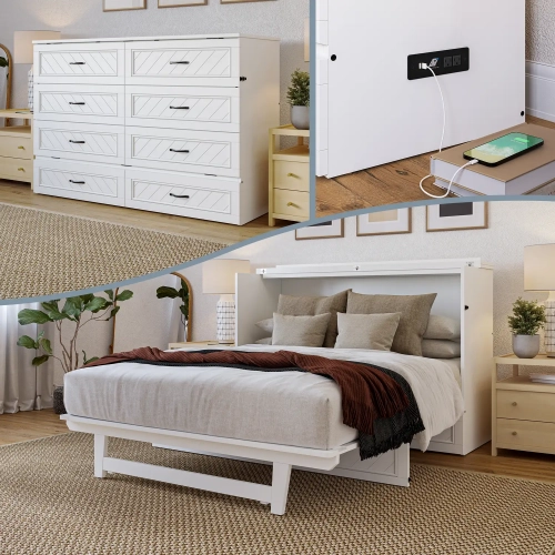 Alpine Queen Murphy Bed Chest, Mattress & Charging Station in White Wood