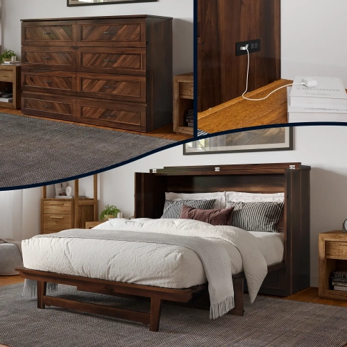 Alpine Queen Murphy Bed Chest, Mattress & Charging Station in Barnwood Finish