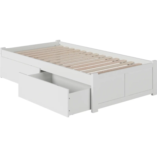Concord Twin XL Bed with Flat Panel Footboard & 2 Under Bed Drawers in White