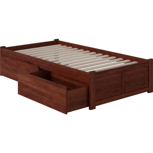 Concord Twin XL Bed with Flat Panel Footboard & 2 Under Bed Drawers in Walnut