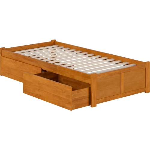 Concord Twin XL Platform Bed with Footboard & 2 Drawers in Light Toffee Finish Wood
