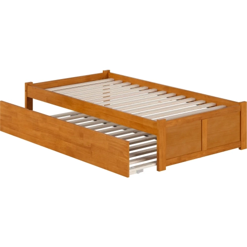 Concord Twin Platform Bed with Footboard & Twin Trundle in Light Toffee Finish Wood