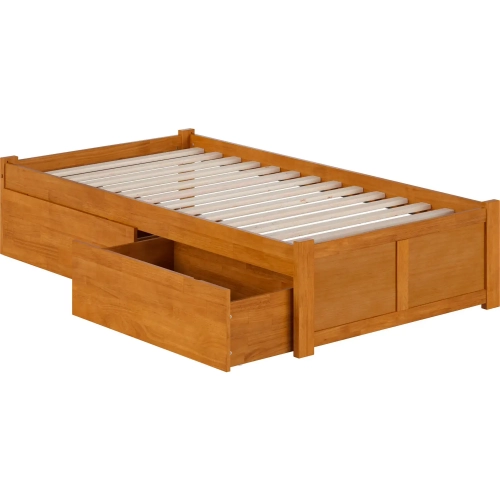 Concord Twin Platform Bed with Footboard & 2 Drawers in Light Toffee Finish Wood