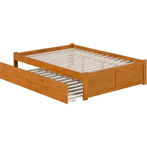 Concord Full Platform Bed with Footboard & Twin Trundle in Light Toffee Finish Wood