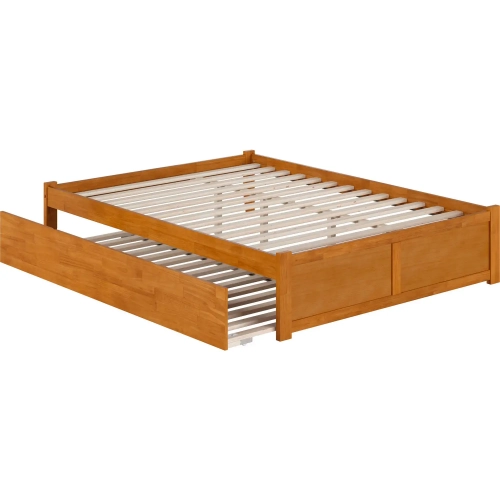Concord Queen Platform Bed with Footboard & Twin XL Trundle in Light Toffee Finish Wood