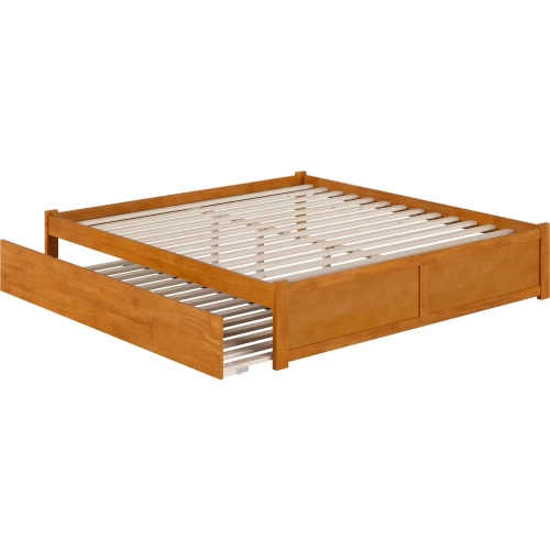 Concord King Platform Bed with Footboard & Twin XL Trundle in Light Toffee Finish Wood