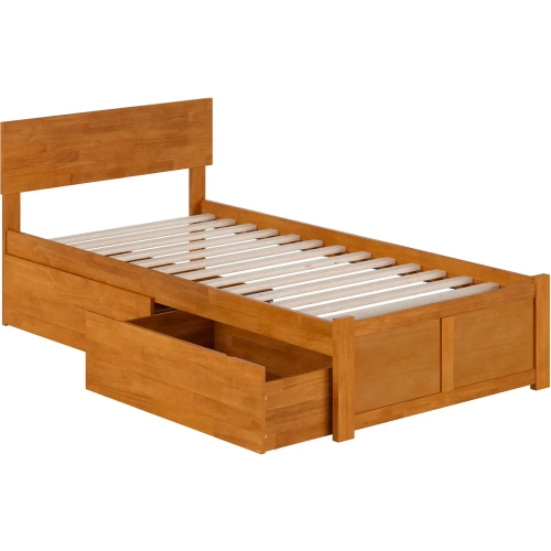 Orlando Twin XL Platform Bed with Footboard, 2 Drawers & Charging in Light Toffee