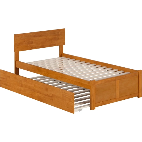 Orlando Twin Platform Bed with Footboard, Twin Trundle & Charging in Light Toffee