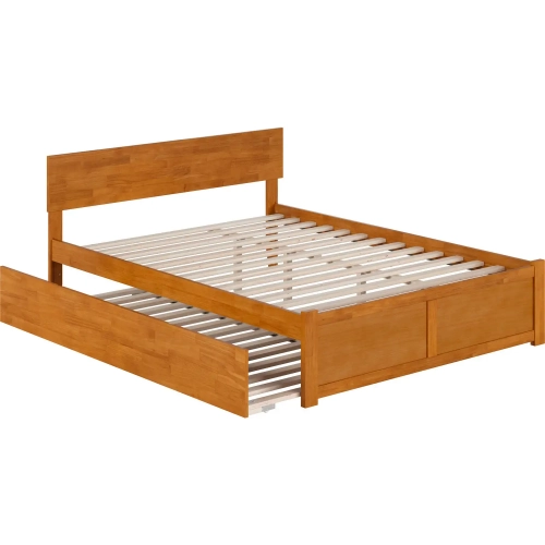 Orlando Queen Platform Bed with Footboard, Twin XL Trundle & Charging in Light Toffee