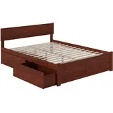 Orlando Queen Bed with Flat Panel Footboard & 2 Urban Bed Drawers in Antique Walnut