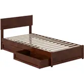 Wesley Twin XL Platform Bed with Panel Footboard, Drawers & Charging in Walnut Finish
