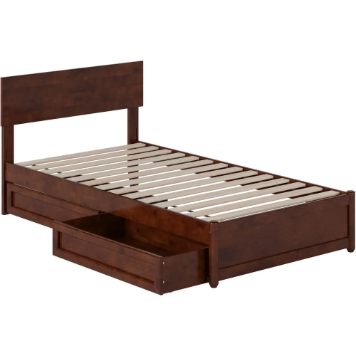 Wesley Twin Platform Bed with Panel Footboard, Drawers & Charging in Walnut Finish