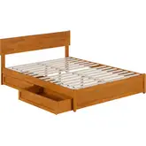 Wesley Queen Platform Bed with Panel Footboard, Drawers & Charging in Light Toffee