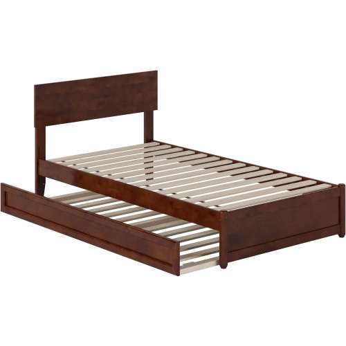 Wesley Twin Platform Bed with Panel Footboard, Twin Trundle & Charging in Walnut Finish