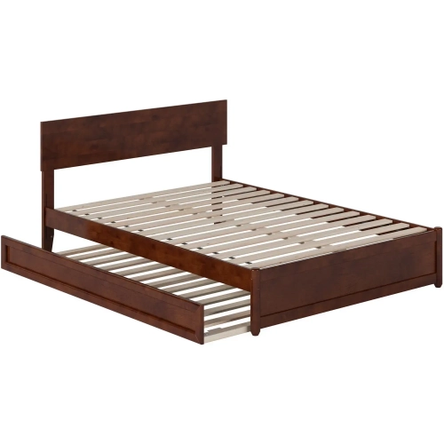 Wesley Full Platform Bed with Panel Footboard, Twin Trundle & Charging in Walnut Finish