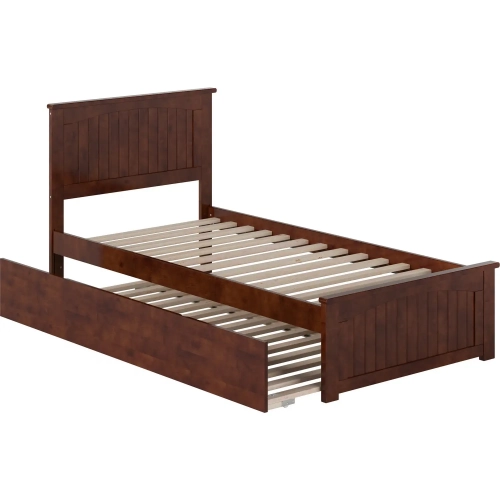 Nantucket Twin XL Platform Bed with Footboard, Twin XL Trundle & Charging in Walnut
