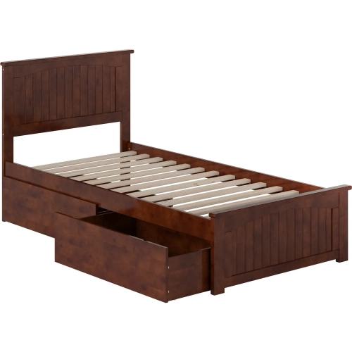 Nantucket Twin XL Platform Bed with Footboard, 2 Drawers & Charging in Walnut