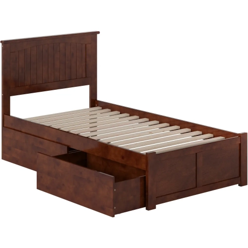 Nantucket Twin Platform Bed with Footboard, 2 Drawers & Charging in Walnut