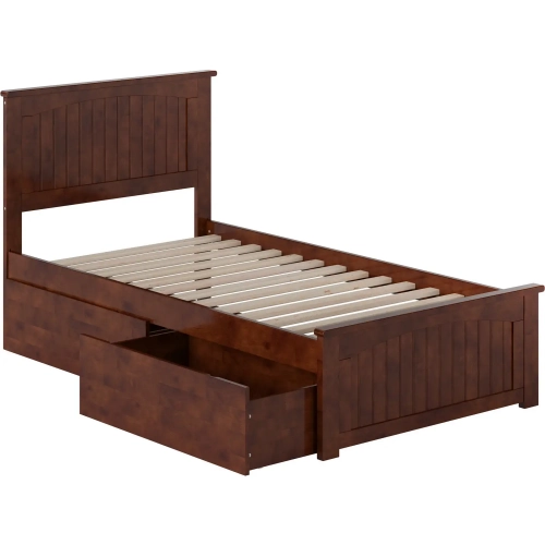 Nantucket Twin Platform Bed with Footboard, 2 Drawers & Charging in Walnut