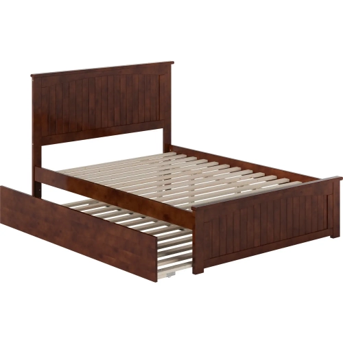 Nantucket Full Platform Bed with Footboard, Twin Trundle & Charging in Walnut
