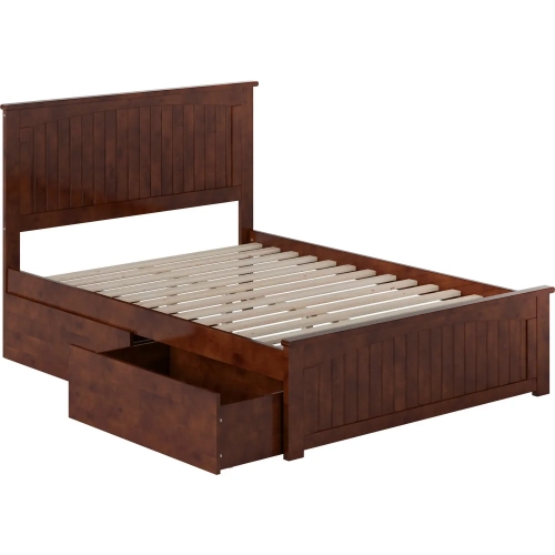 Nantucket Full Platform Bed with Footboard, 2 Drawers & Charging in Walnut