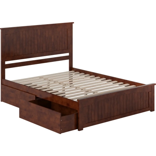 Nantucket Queen Platform Bed with Footboard, 2 Drawers & Charging in Walnut