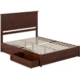 Malta Queen Platform Bed with Panel Footboard, Drawers & Charging in Walnut Finish
