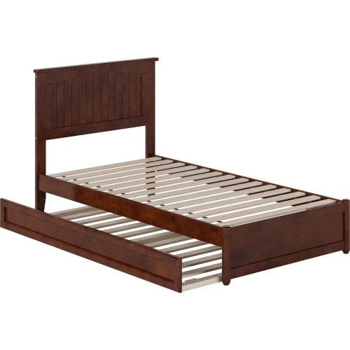 Malta Twin Platform Bed with Panel Footboard, Twin Trundle & Charging in Walnut Finish