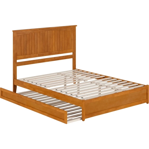 Malta Queen Platform Bed with Panel Footboard, Twin XL Trundle & Charging in Light Toffee